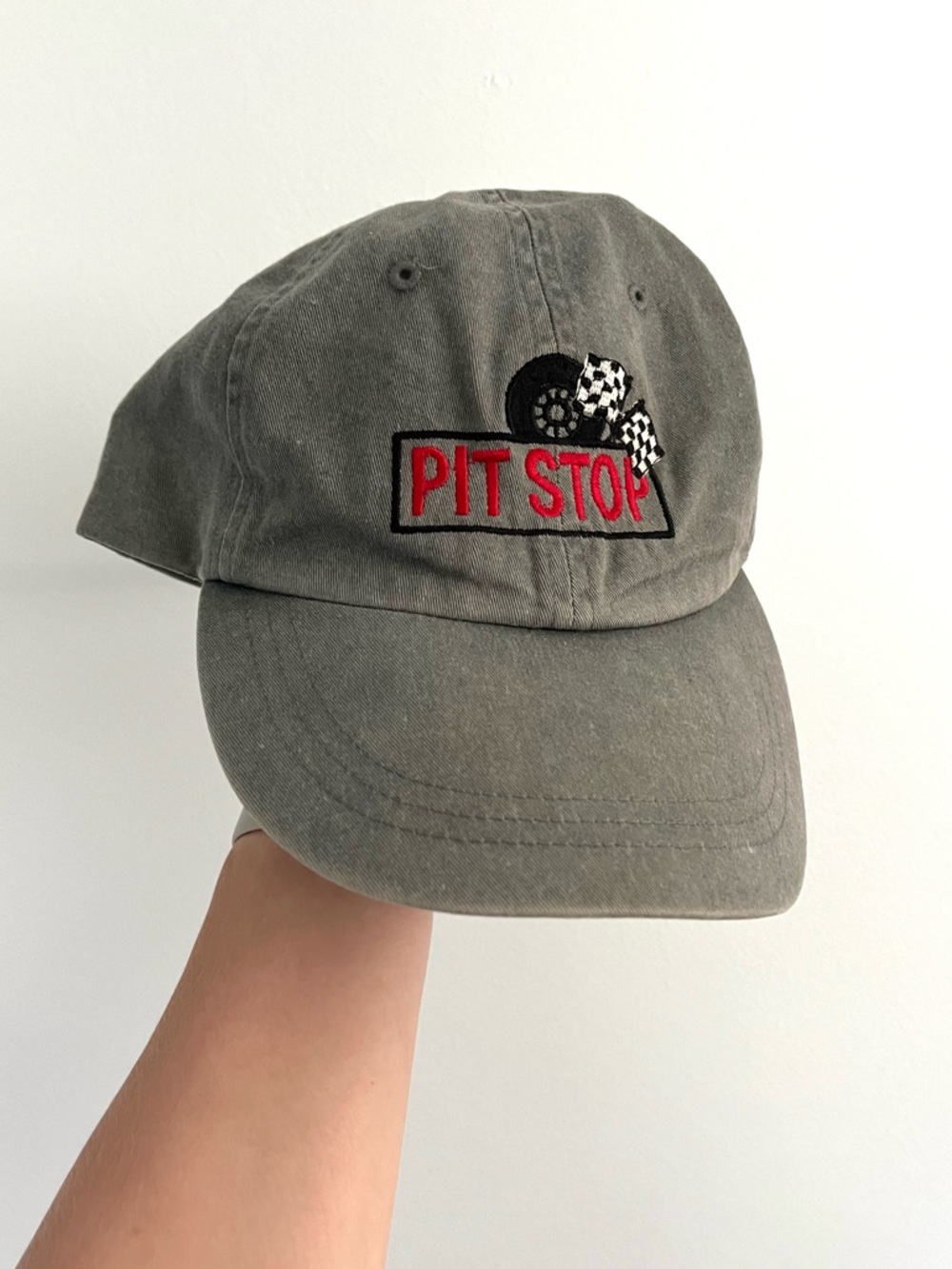 Vintage Adams Men’s Grey Pit Stop Racing Baseball Cap with Brown Leather Strap